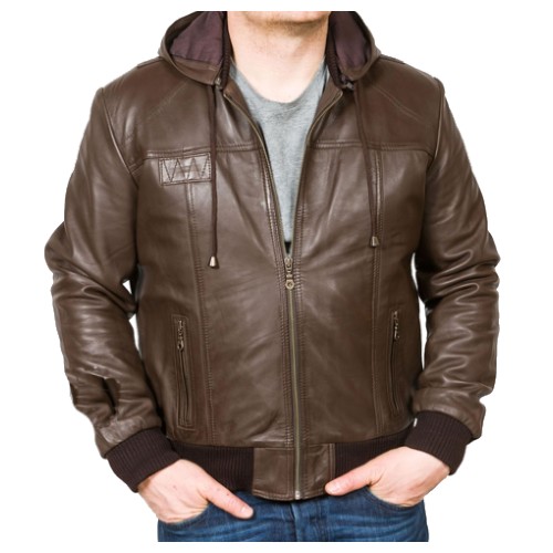 Men's Brown Hooded Leather Bomber Jacket