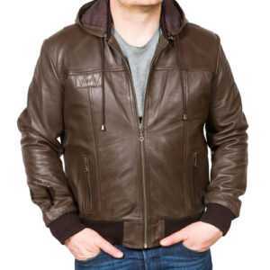 Men's Brown Hooded Leather Bomber Jacket
