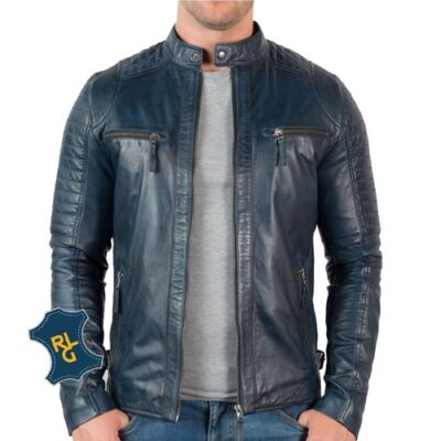 Mens Blue Leather Biker Jacket