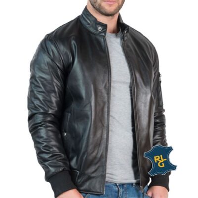 Men's Black Leather Bomber Jacket