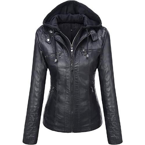 T&I LONDON WOMENS FAUX LEATHER HOODED JACKET – CLASSIC REMOVABLE HOODED FAUX LEATHER ZIP UP OUTWEAR JACKET