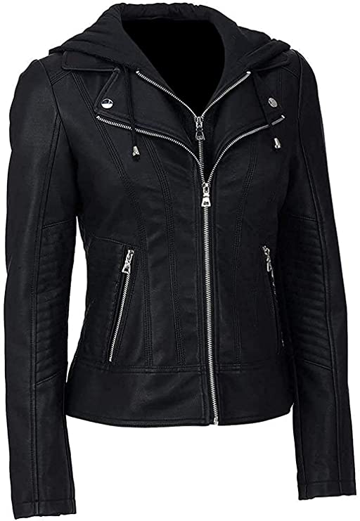 T&I LONDON Women Hooded Faux Leather Jacket - Removable Hooded Black Motorcycle Biker Jacket for Womens