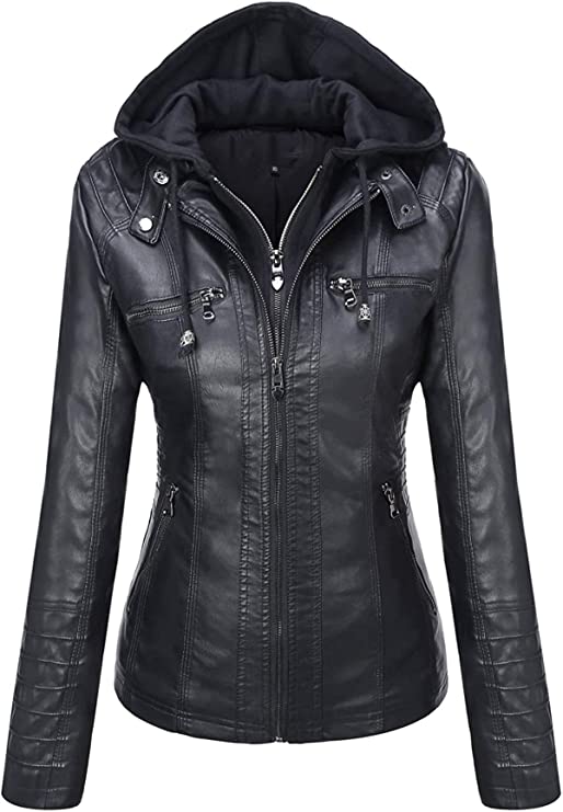 T&I LONDON Womens Faux Leather Hooded Jacket - Classic Removable Hooded Faux Leather Zip Up Outwear Jacket