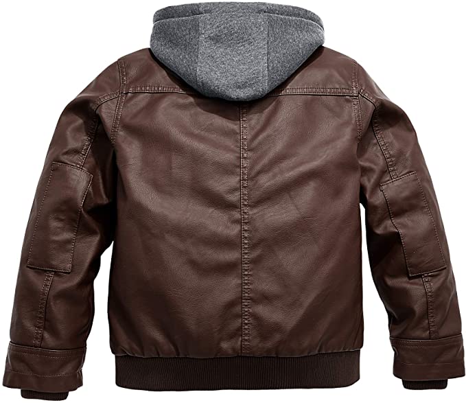 Wantdo Boy's Faux Leather Jacket Waterproof Zipper Coat with Removable Hood