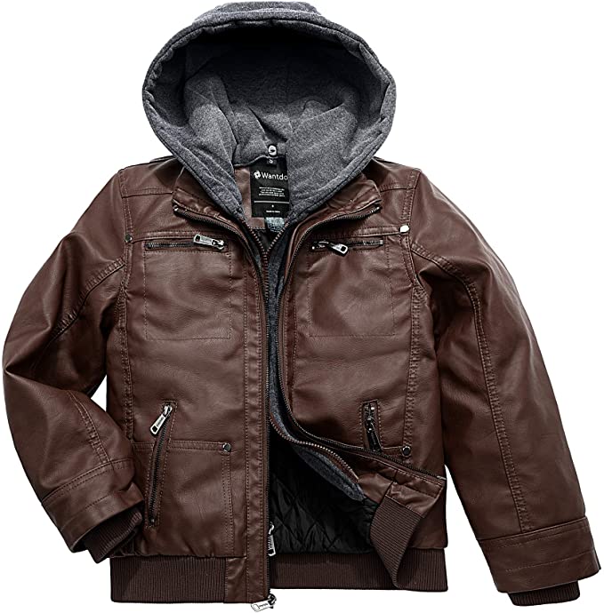 Wantdo Boy's Faux Leather Jacket Waterproof Zipper Coat with Removable Hood