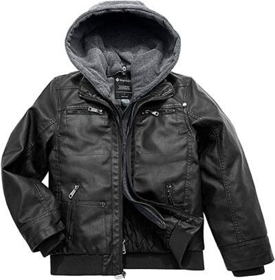 Wantdo Boy's Faux Leather Jacket Waterproof Zipper Coat with Removable Hood Black