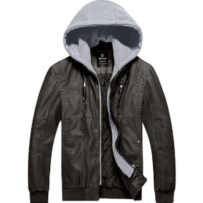 WANTDO MEN’S CLASSIC HOODED WINDBREAKER FAUX LEATHER JACKET