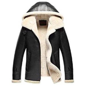 T&I LONDON Mens Black Biker Genuine Sheepskin Leather Jacket - Fur Hooded Leather Jacket for Mens