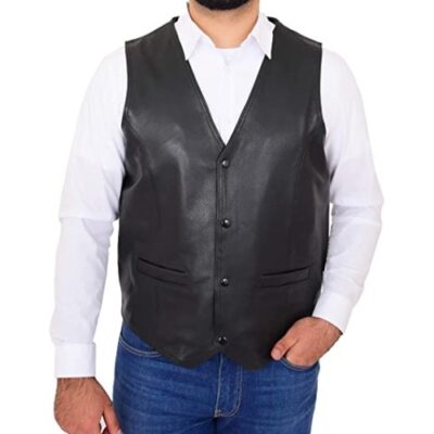 A1 FASHION GOODS Mens Genuine Black Cowhide Waistcoat Classic Bikers Snap Button Leather Gilet