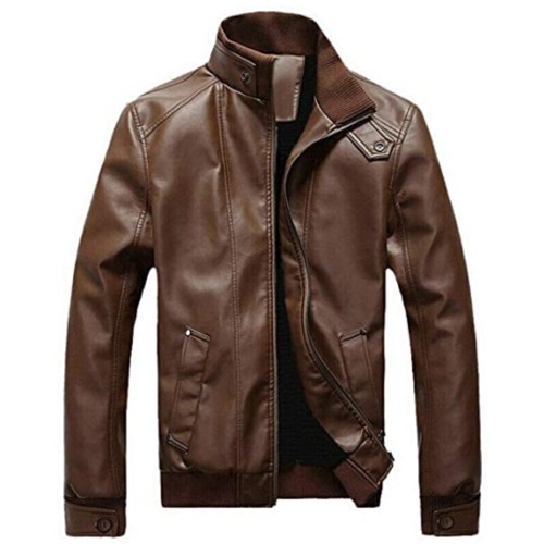 ECOSWAY Men Leather Coat Motorcycle Jackets Fashion Autumn Winter Solid Zipper Casual Coat