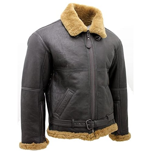 Infinity Men’s Brown RAF Aviator Vintage Real Thick Shearling Sheepskin Flying Leather Jacket with Ginger Fur