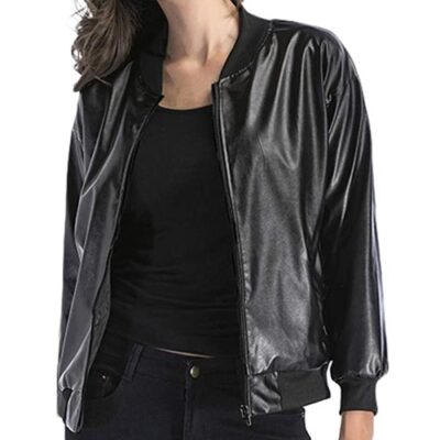 Ladies Leather Biker Style Standing Collar Casual Jacket