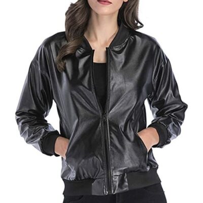 Ladies Leather Biker Style Standing Collar Casual Jacket