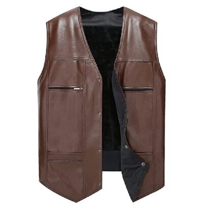 Men's Faux Leather Gilets Motobike Vest Waistcoat Warm Fleece Casual Gilet Biker Vest