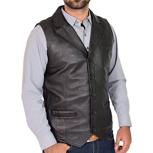 Mens Genuine Black Soft Leather Waistcoat Revere Collar Gilet Classic Western Vest Yelek - Rhys
