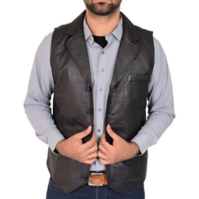 Mens Genuine Black Soft Leather Waistcoat Revere Collar Gilet Classic Western Vest Yelek - Rhys