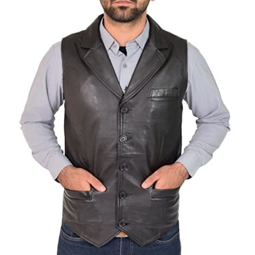 Mens Genuine Black Soft Leather Waistcoat Revere Collar Gilet Classic Western Vest Yelek - Rhys