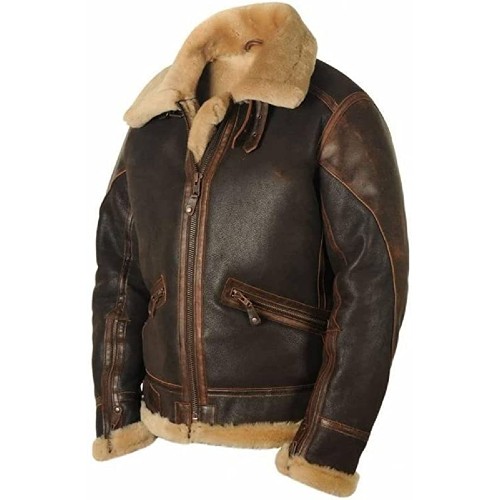 Mens Pilot Flying pu Jacke, Faux Sheepskin Leather Zipped Warm Fleece Cargo Motorcycle Jacket Stand Collar