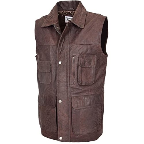 Mens Real Leather Gilet Vest Multi Purpose Waistcoat Roger Brown
