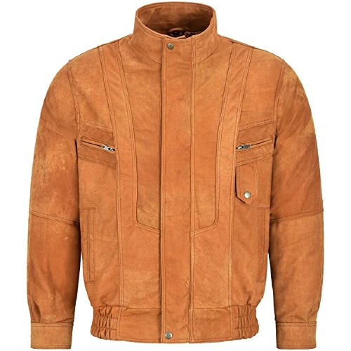 Men's Real Leather Jacket Blouson Bomber Tan Buff Classic Gents Lambskin Jacket 303