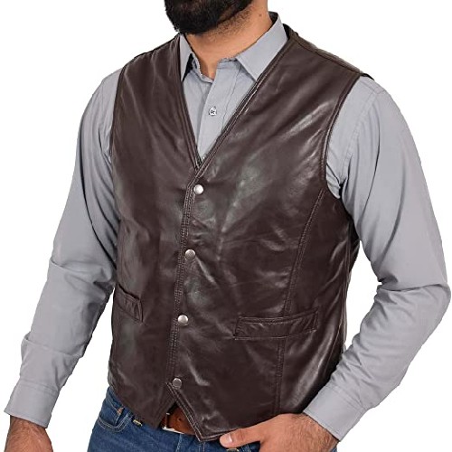 Mens Soft Brown Leather Waistcoat Classic Traditional Gilet Casual Vest - Bruno