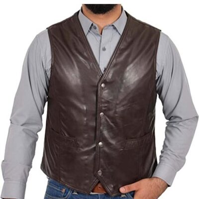 Mens Soft Brown Leather Waistcoat Classic Traditional Gilet Casual Vest - Bruno