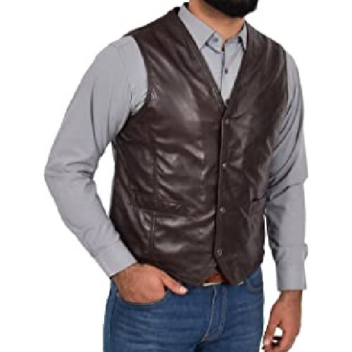 Mens Soft Brown Leather Waistcoat Classic Traditional Gilet Casual Vest - Bruno