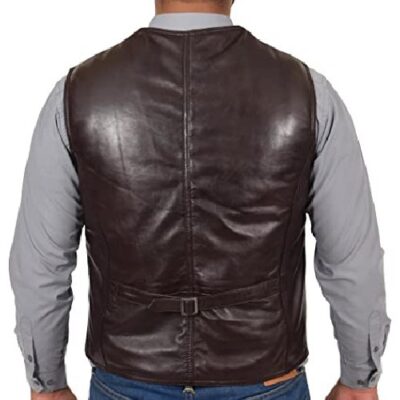 Mens Soft Brown Leather Waistcoat Classic Traditional Gilet Casual Vest - Bruno