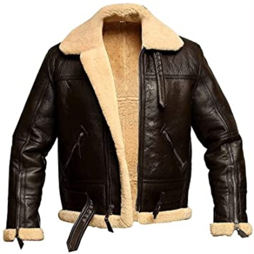 SKYWPOJU Aviator Genuine Leather Jacket Coat for Men, Faux Sheepskin Leather Jacket with Fur Collar, Thick Cuffed Velvet Leather Winter Jacket