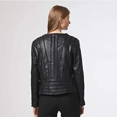 Shuuk Eco-Leather Jacket - Collarless Neckline - Silver Zipper Front Closure