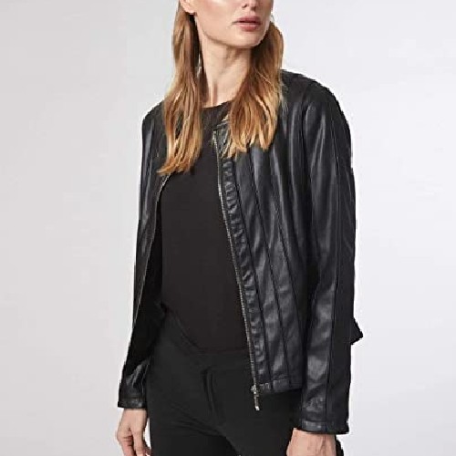 Shuuk Eco-Leather Jacket - Collarless Neckline - Silver Zipper Front Closure