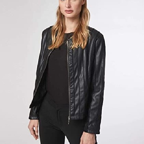 Shuuk Eco-Leather Jacket - Collarless Neckline - Silver Zipper Front ...