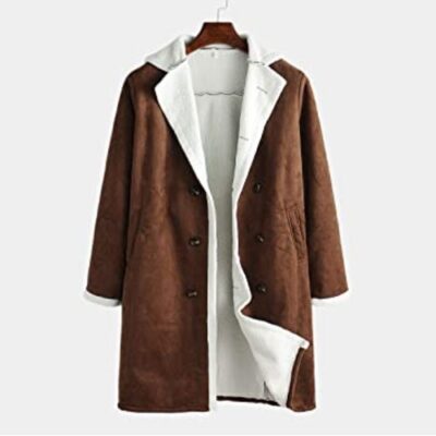 Sijux Men's Vintage Sheepskin Jacket Polo Collar Faux Fur Fleece Lining Shearling Thicken Winter Warm Coat Outwear