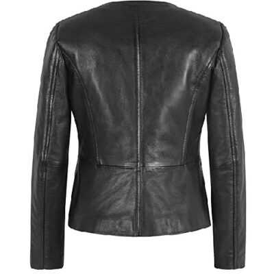 WOMEN SLIM Jacket Black Real Leather CASUAL Collarless Classic Short Jacket 4642