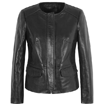 Women Slim Black Casual Collarless Classic Jacket