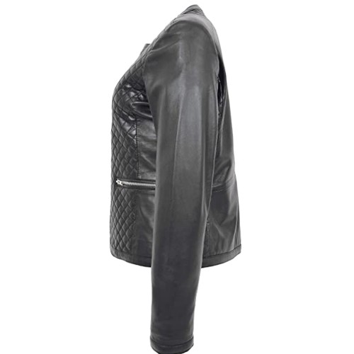 Women Collarless Soft Black Leather Jacket Biker Style Fitted Quilted Stitch - Remi
