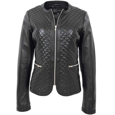 Women Collarless Soft Black Leather Jacket Biker Style Fitted Quilted Stitch - Remi