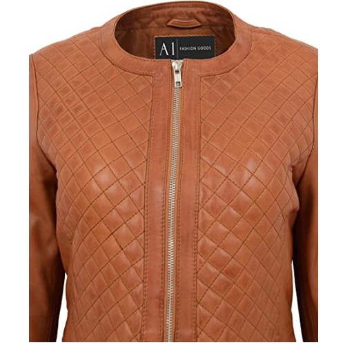 Women Collarless Soft Tan Leather Jacket Biker Style Fitted Quilted Stitch - Remi