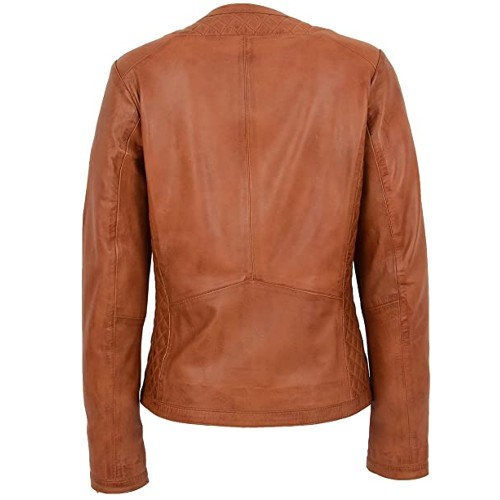 Women Collarless Soft Tan Leather Jacket Biker Style Fitted Quilted Stitch - Remi