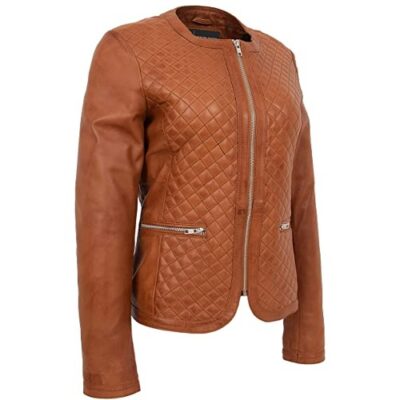 Women Collarless Soft Tan Leather Jacket Biker Style Fitted Quilted Stitch - Remi