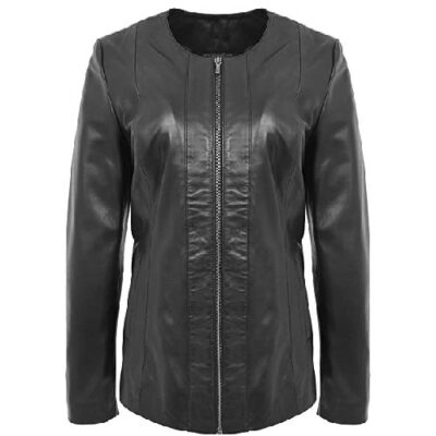 Womens Real Leather Collarless Jacket Classic Plain Style Jade Black