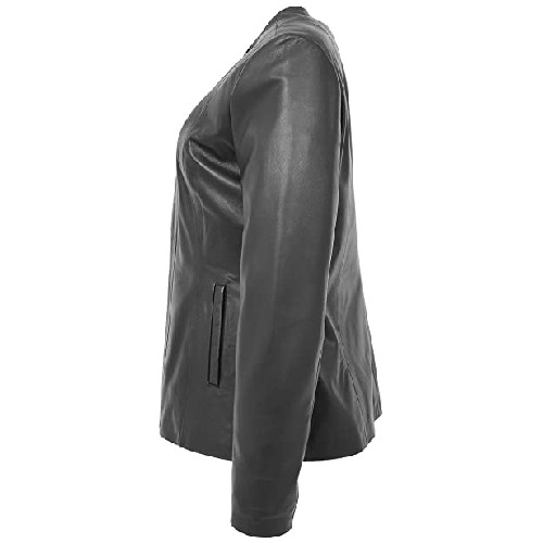 Womens Real Leather Collarless Jacket Classic Plain Style Jade Black
