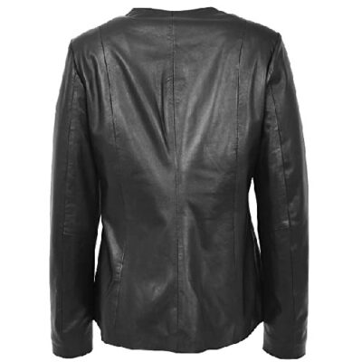 Womens Real Leather Collarless Jacket Classic Plain Style Jade Black