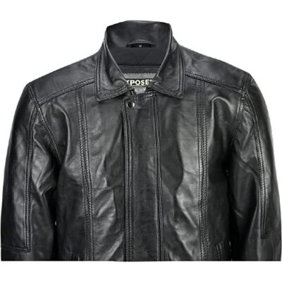 XPOSED Mens Retro Smart Casual Real Leather Vintage Blouson Collar Bomber Jacket in Black Tan Brown