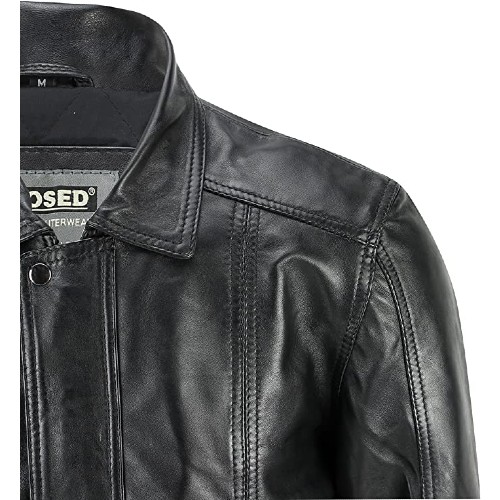 XPOSED Mens Retro Smart Casual Real Leather Vintage Blouson Collar Bomber Jacket in Black Tan Brown