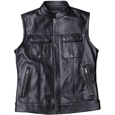 Yuxahiugmj Gilet for Men Motorcycle Biker Leather Vest Men Genuine Cow Leather Sleeveless Jackets REAL Cowhide Stand Collar Waistcoat Outwear (Color : Black, Size : L)