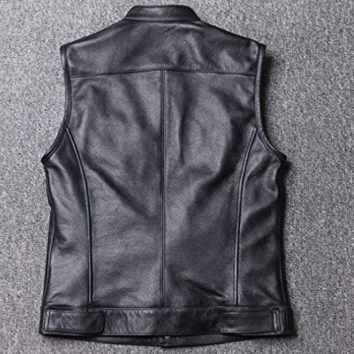 Yuxahiugmj Gilet for Men Motorcycle Biker Leather Vest Men Genuine Cow Leather Sleeveless Jackets REAL Cowhide Stand Collar Waistcoat Outwear (Color : Black, Size : L)