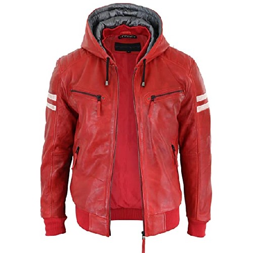 Aviatrix Mens Black Hood Real Leather Bomber Jacket Red Stripes Quilted Slim Fit Casual
