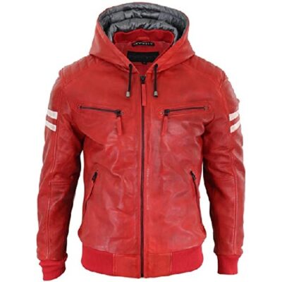 Aviatrix Mens Black Hood Real Leather Bomber Jacket Red Stripes Quilted Slim Fit Casual