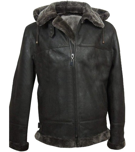 B13 Mens Aviator Flying Shearling Hooded Leather Jacket